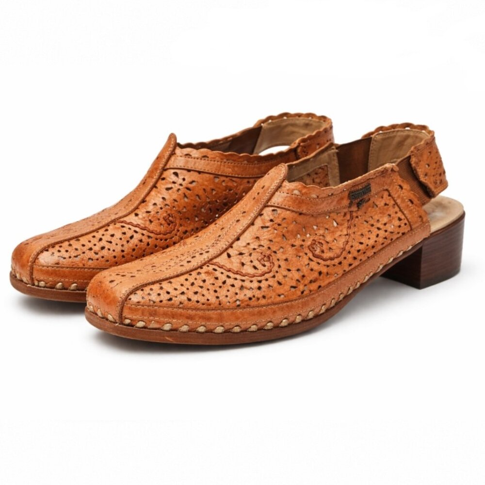 Pikolinos vintage saddle stitched western leather sling back shoes embroidered